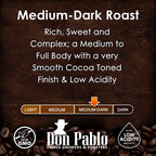 Medium-dark roast: rich, sweet and complex, with a smooth cocoa finish and low acidity