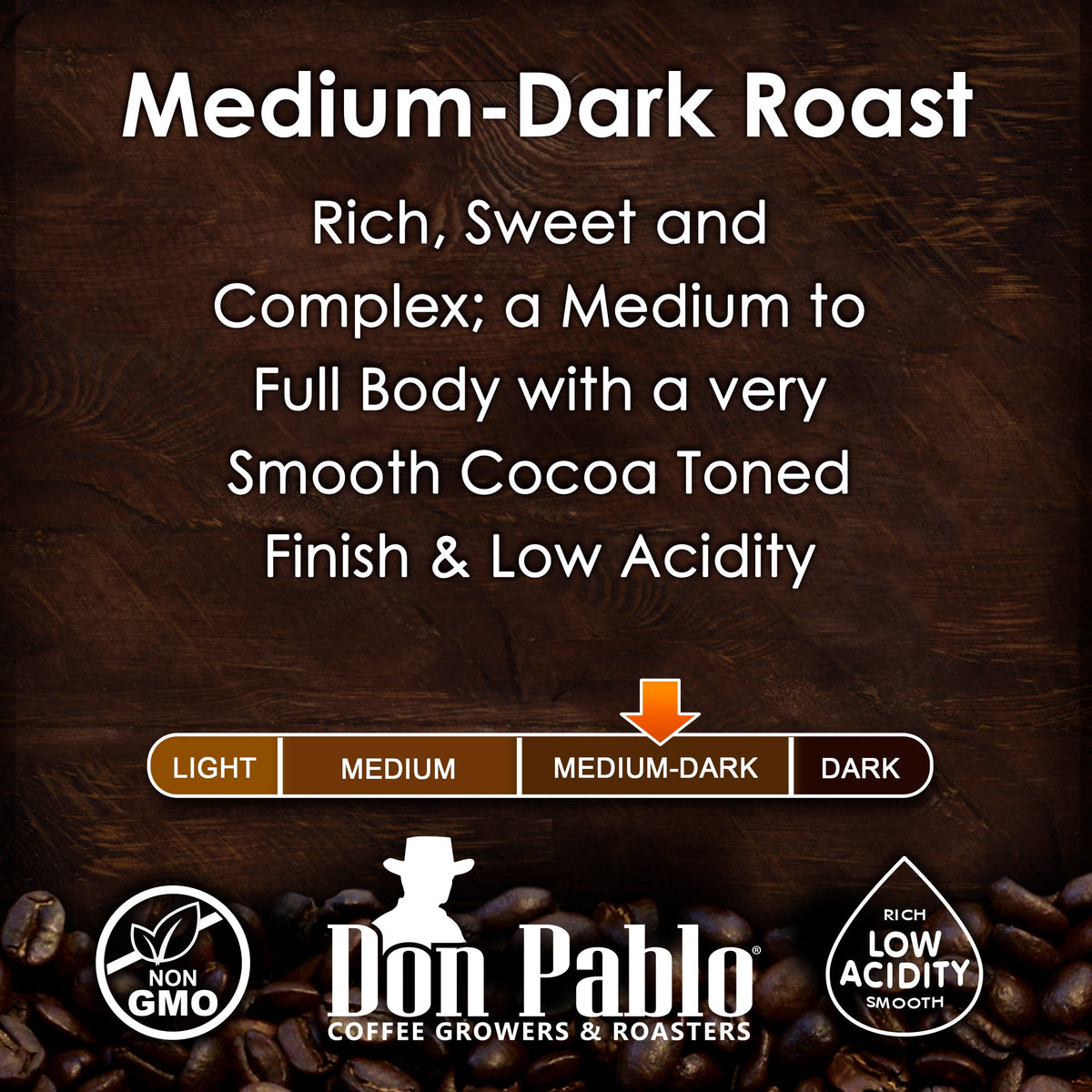 Medium-dark roast: rich, sweet and complex, with a smooth cocoa finish and low acidity