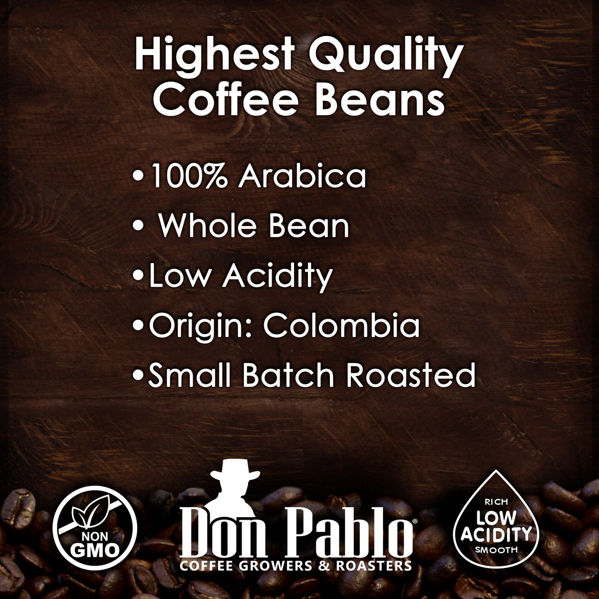 Highest quality coffee beans: 100% Arabica, whole bean, low acidity, origin Colombia, small batch roasted