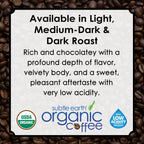 Available in light, medium-dark and dark roast: rich and chocolatey, velvety body, sweet finish and very low acidity