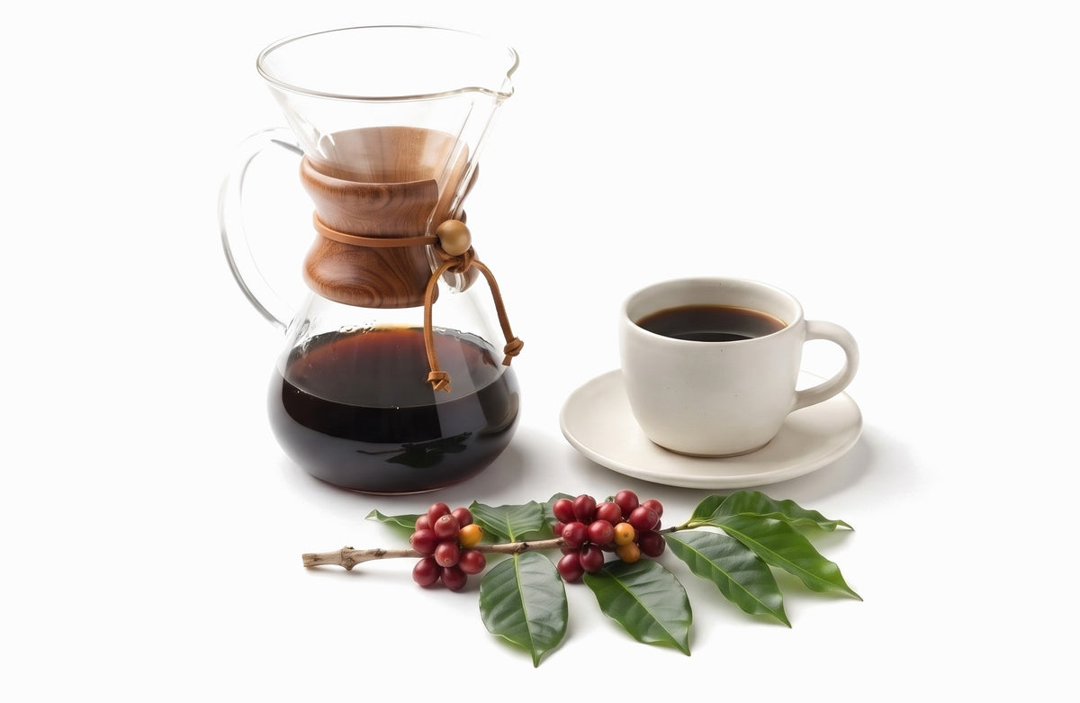 A glass pour-over coffee carafe, a ceramic cup of black coffee and a fresh coffee branch with ripe cherries
