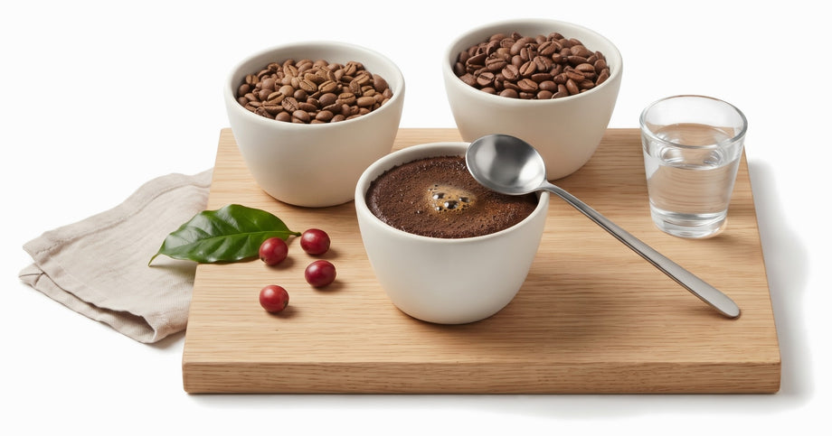 A coffee cupping set on a wooden board: bowls of roasted beans, a cup of ground coffee with its crust, a cupping spoon and a glass of water