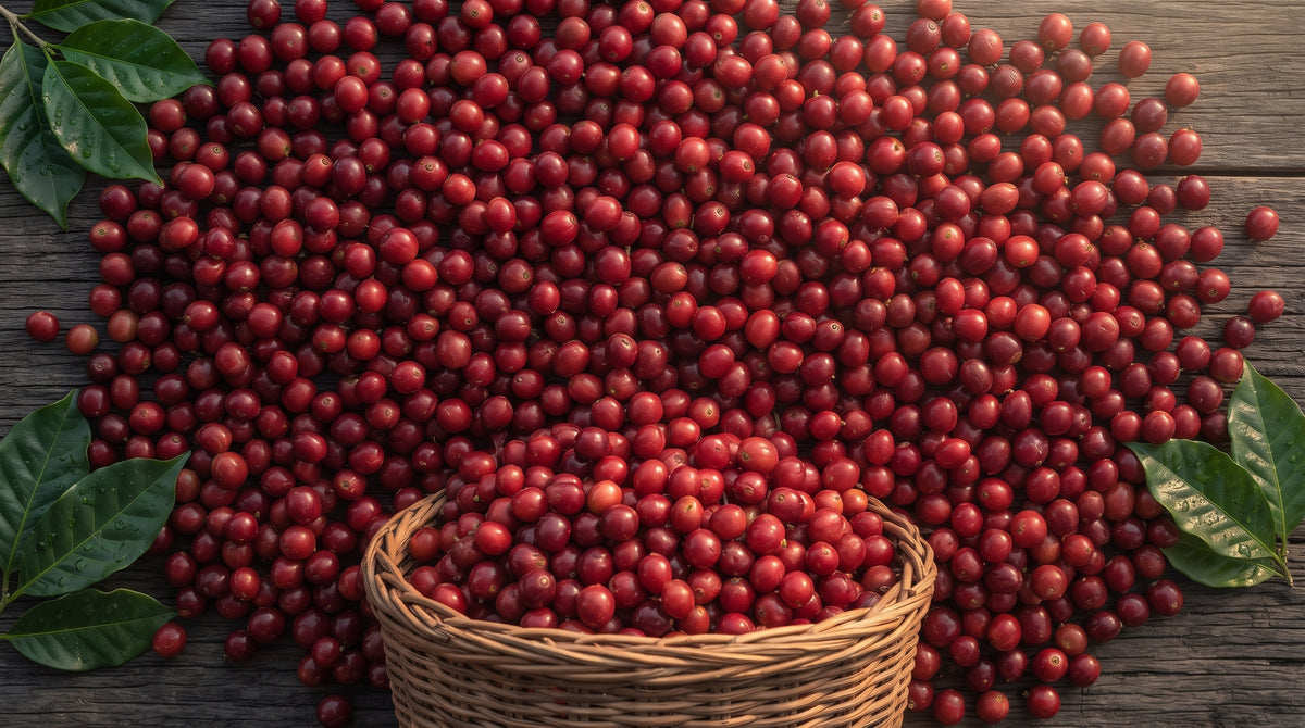 Freshly picked ripe red coffee cherries spilling from a woven basket