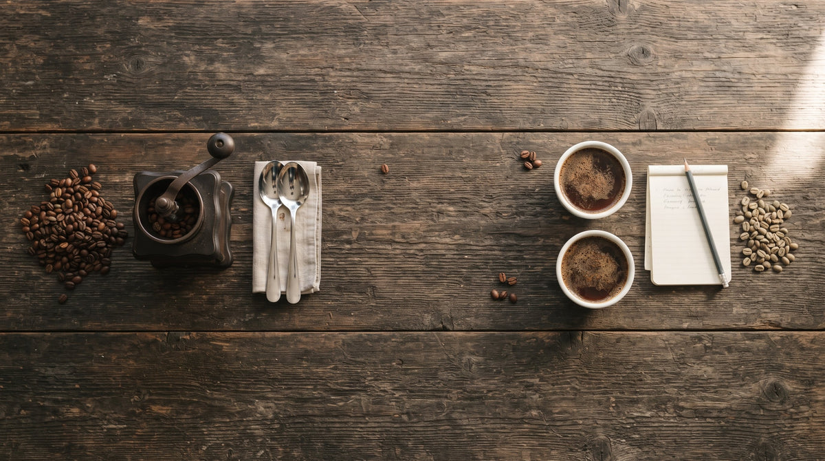 A coffee cupping table seen from above: roasted beans, a hand grinder, cupping spoons, two cups, a notebook and green coffee