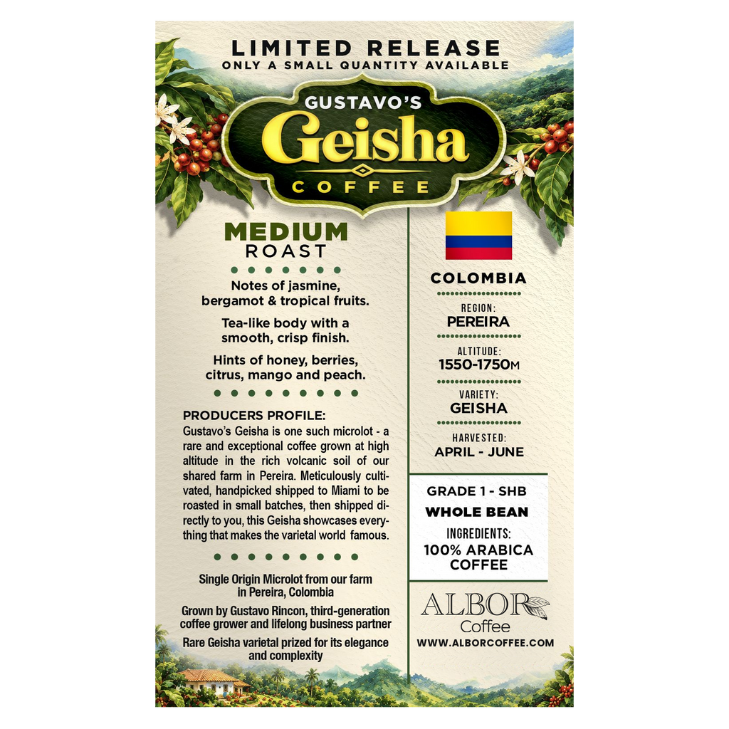 Gustavo's Geisha Coffee label: tasting notes, origin and producer profile