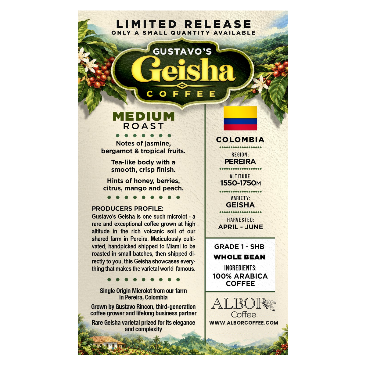 Gustavo's Geisha Coffee label: tasting notes, origin and producer profile