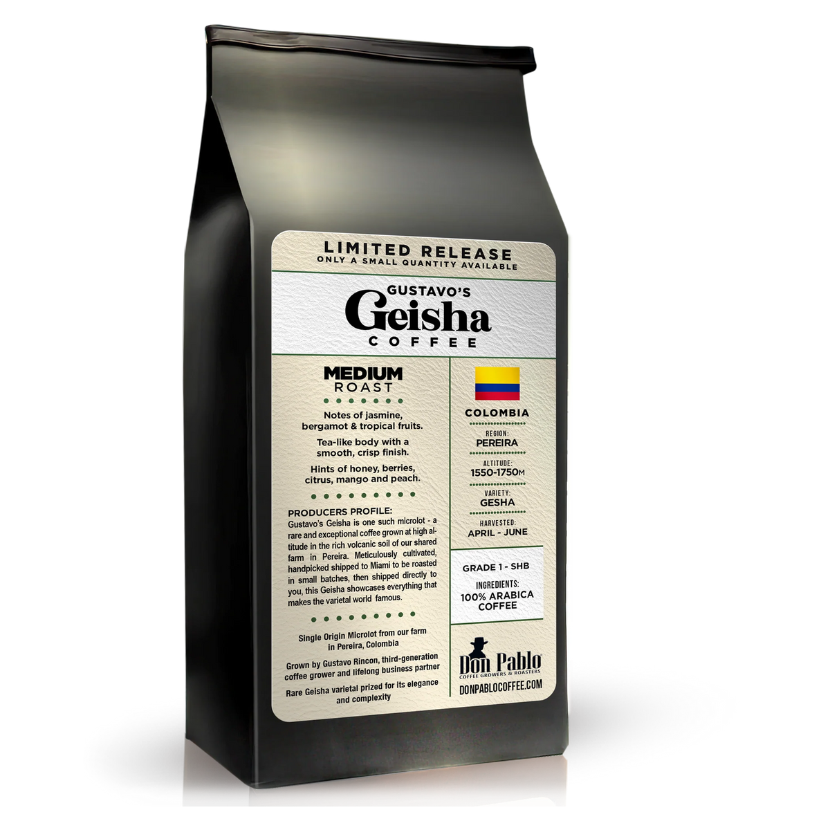 Gustavo’s Geisha 12 oz bag, back label with origin and tasting notes